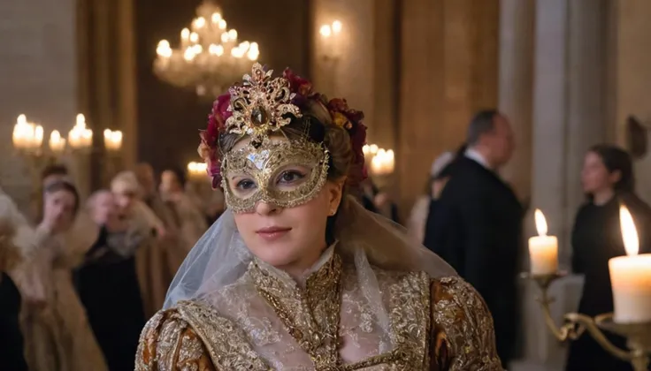 Enigmatic Full Body Portrait Photo of Catherine de Medici, the Renaissance queen, at a lavish masked ball in the opulent halls of the Louvre, adorned in exquisite Renaissance attire, illuminated by the flickering glow of candlelight, captured from a mysterious frontal angle, embodying intrigue and elegance amidst the festivities . 35mm photograph, film, bokeh, professional, shot by steve mccurry, 4k, highly detailed<lora:LCMTurboMix_DPM_SDE_Karras:1>