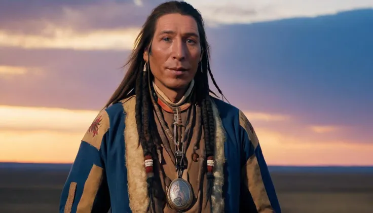 Reverent Full Body Portrait Photo of Chief Poundmaker standing tall amidst the vast Canadian prairies, his figure silhouetted against the endless horizon, illuminated by the soft hues of a prairie sunset, captured from a respectful frontal angle, resonating with strength and connection to the land . 35mm photograph, film, bokeh, professional, shot by ellen von unwerth, 4k, highly detailed<lora:LCMTurboMix_DPM_SDE_Karras:1>