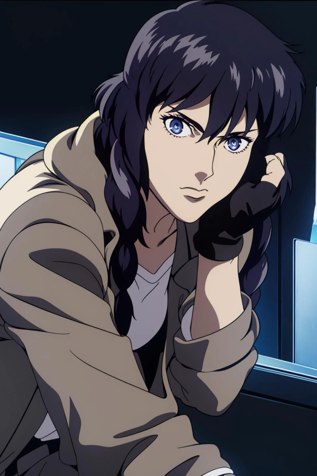 a girl wearing a white shirt and grey jacket, (hand well), (finger well), (long braided hair), (bangs), with in frame, ultra-detailed, 8k, masterpiece, beautiful detailed face, ((no texts)), no names, (volumetric lighting), beautiful detailed eyes, (ambient light), realistic shadows, (fullbody:1), (1girl), (cowboy shot), (shirts), pants, looking at viewer, perfect body, body well:1, leg well:1, arm well:1 , (GoodhandsV3) <lora:Ghost in the Shell Style:0.8> <lora:motoko_kusanagi_stand_alone_ver:0.7> ghostalone, motoko_kusanagi, leotard, open jacket, fingerless gloves