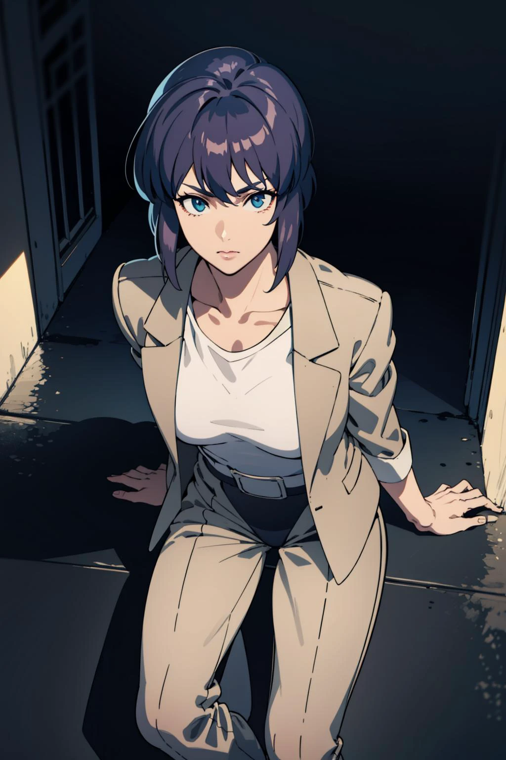 a girl wearing a white shirt and grey jacket, ultra-detailed, 8k, masterpiece, beautiful detailed face, (volumetric lighting), beautiful detailed eyes, (ambient light), realistic shadows, (fullbody:1), (1girl), (cowboy shot), (shirts), pants, looking at viewer, perfect body, <lora:motoko_kusanagi_stand_alone_ver:0.7> ghostalone, motoko_kusanagi, leotard, open jacket, fingerless gloves
