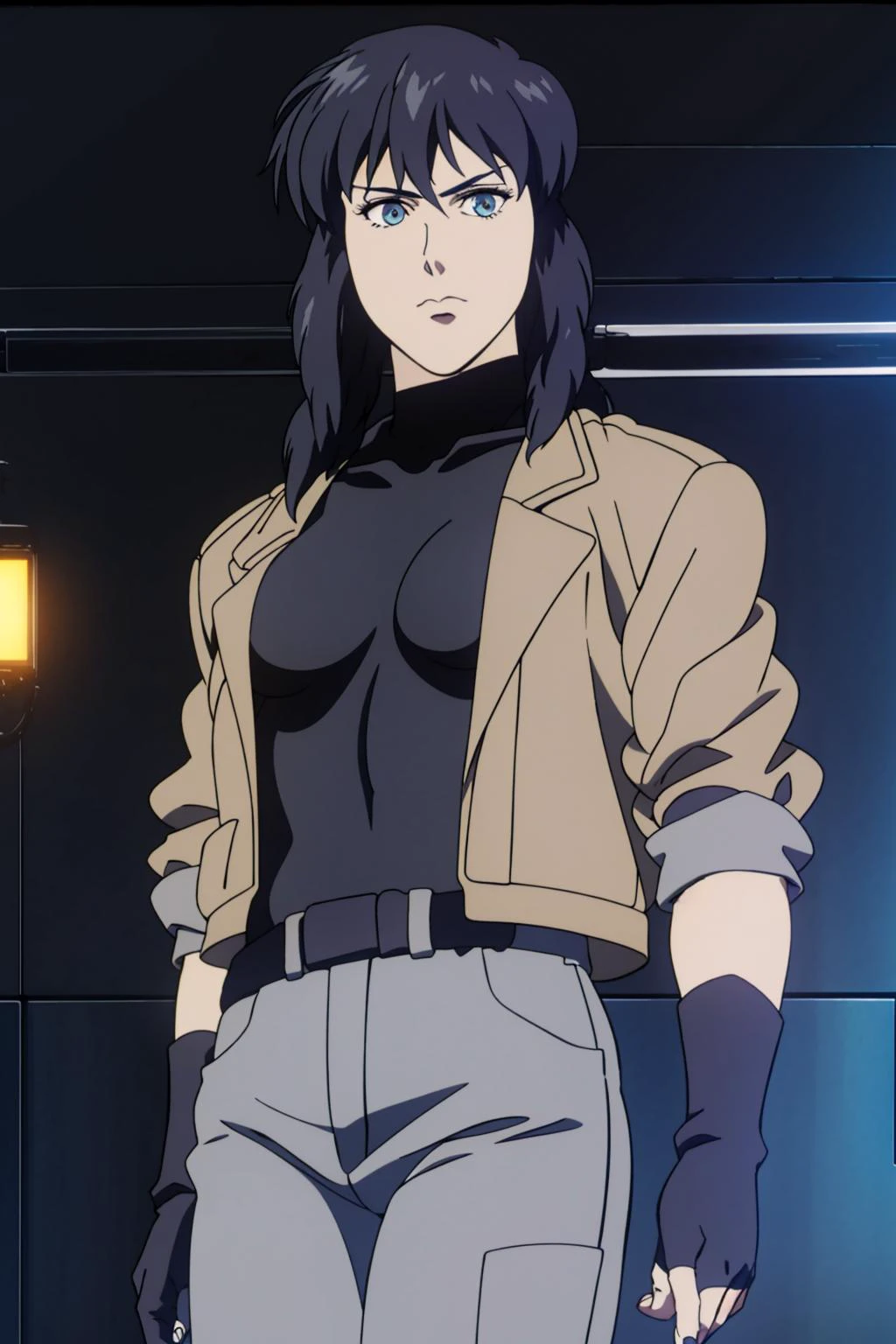 a girl wearing a white shirt and grey jacket, (hand well), (finger well), (long braided hair), (bangs), with in frame, ultra-detailed, 8k, masterpiece, beautiful detailed face, ((no texts)), no names, (volumetric lighting), beautiful detailed eyes, (ambient light), realistic shadows, (fullbody:1), (1girl), (cowboy shot), (shirts), pants, looking at viewer, perfect body, body well:1, leg well:1, arm well:1 , (GoodhandsV3) <lora:Ghost in the Shell Style:0.8> <lora:motoko_kusanagi_stand_alone_ver:0.7> ghostalone, motoko_kusanagi, leotard, open jacket, fingerless gloves