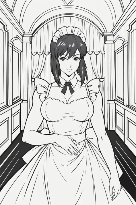 ghostalone, motoko_kusanagi, ((maid)), <lora:motoko_kusanagi_stand_alone_ver-08:0.7>, 1girl, masterpice, high quality, best quality, good body, good hands and fingers, official art, (solo), big breasts, (((room))), sexy, sensual, (sculpted body), smile , <lora:animeoutlineV4_16:1>, lineart, monochrome