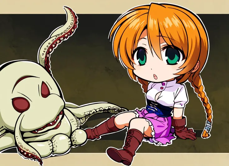 jotarsr, chibi, 1girl, solo, shirt, armor, gloves, corset, skirt, boots, :o, full body, 1boy, (monster, tentacles) <lora:jotarsr_V2-10:0.8> <lora:Yuzusoft-Chibiv2_(Style):0.6>