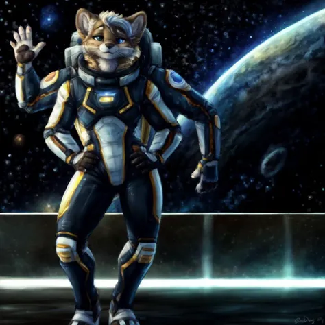 waving, hands on hips, space suit, ,(by dimwitdog:0.8), (by nightfaux:0.7) , 4 arms, , solo, mammal, whiskers, fur, star, space, anthro, hair, hi res, tuft, detailed, brown fur, ambiguous gender, brown body, looking at viewer, sky