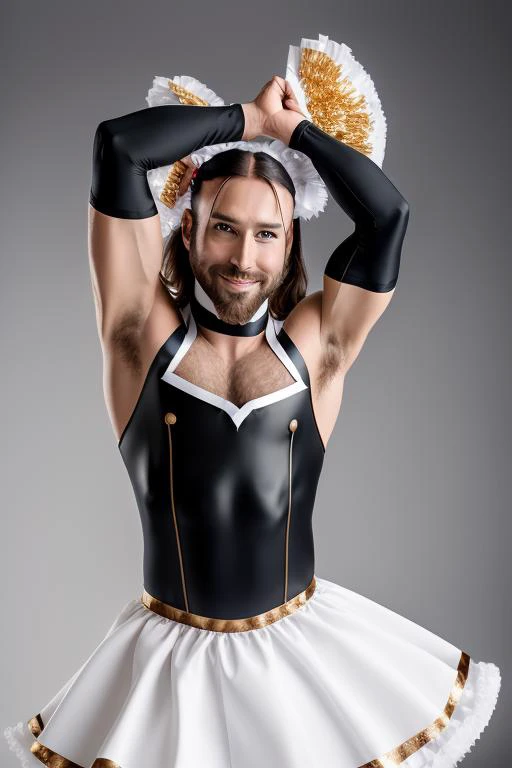 1man, solo, portrait of muscular ladybeard man twin tail hair and beard wear cheerleader costume, smile, details, realistic, photography, blurry background, softfocus <lora:ARWLadybeard:1>