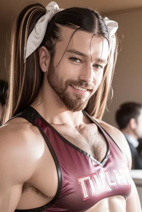 1man, solo, portrait of muscular ladybeard man twin tail hair and beard wear cheerleader costume, smile, details, realistic, photography, blurry background, softfocus <lora:ARWLadybeard:1>