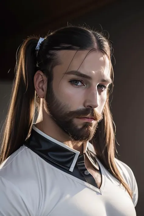 1man, solo, portrait of muscular ladybeard man twin tail hair and beard wear cheerleader costume, serious, details, realistic, photography, blurry background, softfocus <lora:ARWLadybeard:1>