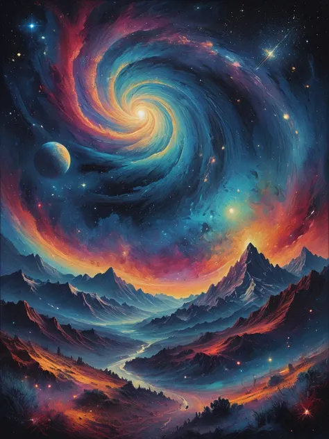 impactful color paint of A surreal painting depicting a vast, starry sky with swirling galaxies and nebulae, overlaid with intricate geometric patterns reminiscent of ancient civilizations,  highly detailed, absurdres, masterpiece,    <lora:Bold_Pop:0.6>  highly detailed, vibrant colors , 8k, sharp, professional, clear, high contrast, high saturated, , vivid deep blacks, crystal clear