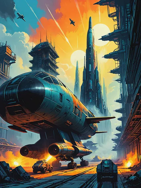 impactful color paint of (futuristic:1.5) a huge military factory made of steel, glass, fog, sun, in the clouds, , futuristic military planes, moody tones, old book style ink cover illustration, on parchment    <lora:Bold_Pop:0.65>  highly detailed, vibrant colors , 8k, sharp, professional, clear, high contrast, high saturated, , vivid deep blacks, crystal clear