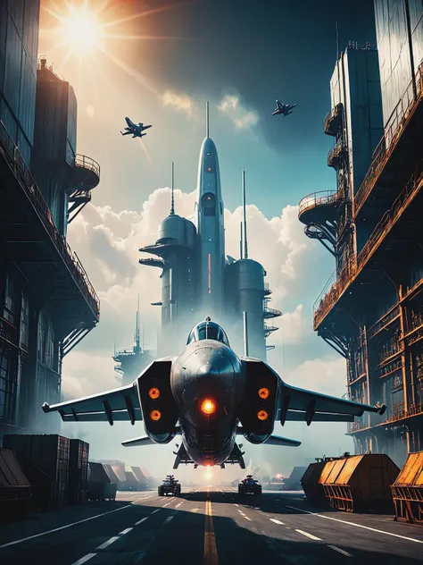 impactful color paint of (futuristic:1.5) a huge military factory made of steel, glass, fog, sun, in the clouds, , futuristic military planes, moody tones, old book style ink cover illustration, on parchment    <lora:Bold_Pop:0.5>  highly detailed, vibrant colors , 8k, sharp, professional, clear, high contrast, high saturated, , vivid deep blacks, crystal clear