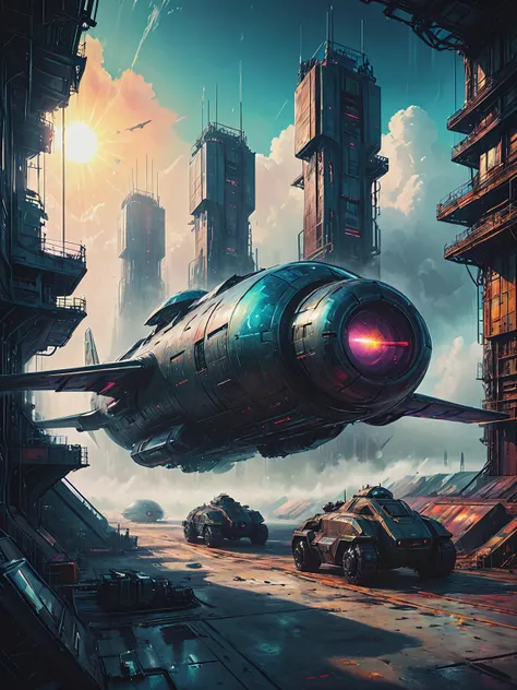 impactful color paint of (futuristic:1.5) a huge military factory made of steel, glass, fog, sun, in the clouds, , futuristic military planes, moody tones, old book style ink cover illustration, on parchment    <lora:Bold_Pop:0.6>  highly detailed, vibrant colors , 8k, sharp, professional, clear, high contrast, high saturated, , vivid deep blacks, crystal clear