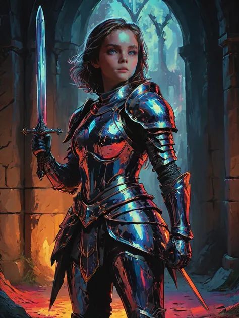 impactful color paint of girl knight, holding a sword, dazzling ,transparent , (1 arm up), waving sword, glowing armor, glowing eyes, full armor, hyper detailed, perfect anatomy, (in castle:1.2),   <lora:Bold_Pop:0.9>   highly detailed, vibrant colors , 8k, sharp, professional, clear, high contrast, high saturated, , vivid deep blacks, crystal clear