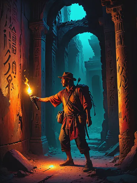 impactful color paint of   treasure hunter holding a torch, stepping cautiously into the shadows of the ancient ruin, their lantern casting eerie glows upon the crumbling walls adorned with hieroglyphs and forgotten symbols,    <lora:Bold_Pop:0.6>  highly detailed, vibrant colors , 8k, sharp, professional, clear, high contrast, high saturated, , vivid deep blacks, crystal clear