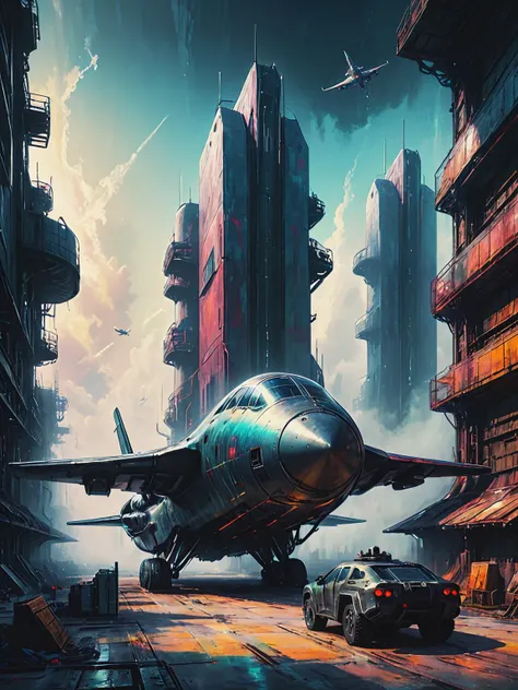 impactful color paint of (futuristic:1.5) a huge military factory made of steel, glass, fog, sun, in the clouds, , futuristic military planes, moody tones, old book style ink cover illustration, on parchment <lora:Bold_Pop:0.65> highly detailed, vibrant colors , 8k, sharp, professional, clear, high contrast, high saturated, , vivid deep blacks, crystal clear