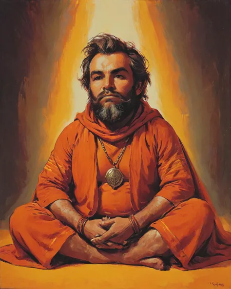 Dwarven Tariq, Meditating, in orange [Cape|Fur Cloak] with vertical stripes accessories, <lora:Bold_Pop:1>