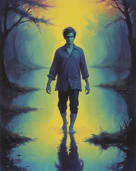 Mystical Guy Walking in a Pond, <lora:Bold_Pop:1>