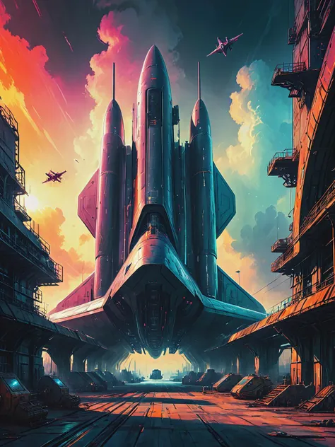 impactful color paint of (futuristic:1.5) a huge military factory made of steel, glass, fog, sun, in the clouds, , futuristic military planes, moody tones, old book style ink cover illustration, on parchment    <lora:Bold_Pop:0.6>  highly detailed, vibrant colors , 8k, sharp, professional, clear, high contrast, high saturated, , vivid deep blacks, crystal clear