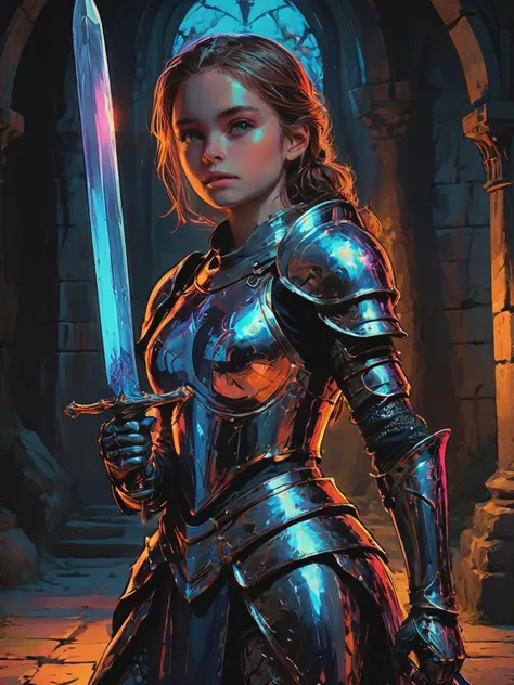 impactful color paint of girl knight, holding a sword, dazzling ,transparent , (1 arm up), waving sword, glowing armor, glowing eyes, full armor, hyper detailed, perfect anatomy, (in castle:1.2),   <lora:Bold_Pop:0.8>   highly detailed, vibrant colors , 8k, sharp, professional, clear, high contrast, high saturated, , vivid deep blacks, crystal clear