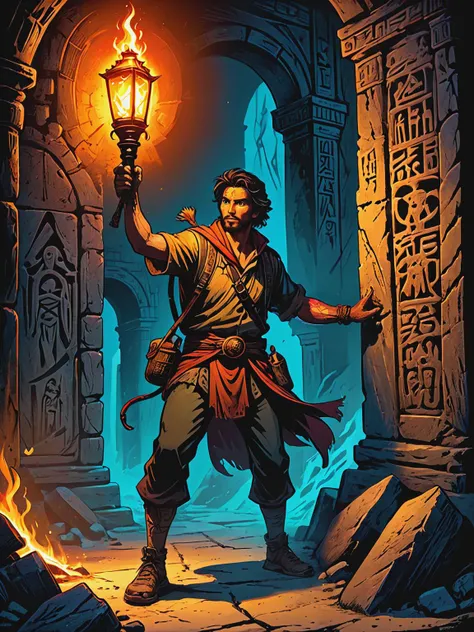 impactful color paint of   treasure hunter holding a torch, stepping cautiously into the shadows of the ancient ruin, their lantern casting eerie glows upon the crumbling walls adorned with hieroglyphs and forgotten symbols,    <lora:Bold_Pop:0.6>  highly detailed, vibrant colors , 8k, sharp, professional, clear, high contrast, high saturated, , vivid deep blacks, crystal clear