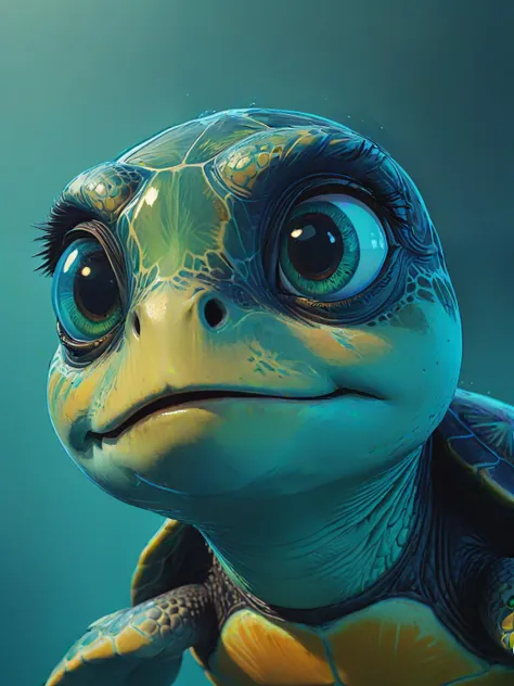 impactful color paint of  cute little blue-green cartoon sea ââturtle, big round Kind eyes, big head, neck, four flippers,   <lora:Bold_Pop:0.6> ...........  highly detailed, vibrant colors , 8k, sharp, professional, clear, high contrast, high saturated, , vivid deep blacks, crystal clear