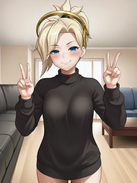 score_9, source_anime, 1girl, solo, mercy \(overwatch\) standing in a living room, cowboy shot, blush, smug, black sweater, no pants, living room, v sign, indoors <lora:U0denimXLLocon:1>