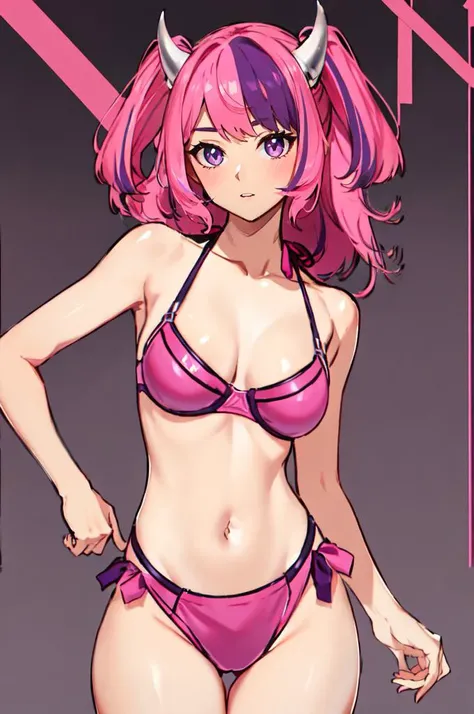 Flat Chest、Pink Bra、Pink Panties、Angry face、whole body、Stand with your feet apart、Place your hands on your hips、White background