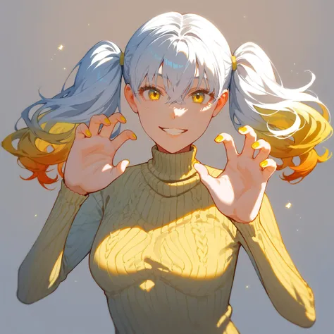 best quality, masterpiece, score_9, score_8_up, score_7_up, source_anime, rating_safe,
white hair, gradient hair, yellow eyes, hair between eyes, long sleeves, looking at viewer, medium hair, bangs, fluffy hair,parted lips, grin, sweater, turtleneck, turtleneck sweater, high twintails, twintails, pigtails, upper body, light yellow sweater, yellow nails,
1girl, solo, adult, hands, 
white background