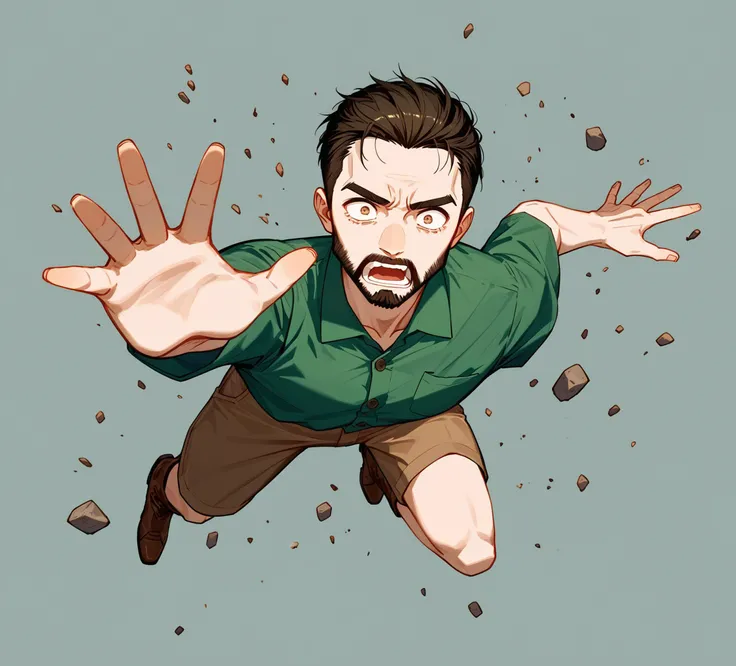 best quality, masterpiece, score_9, score_8_up, score_7_up, rating_safe, source_anime,
1boy, 1man, solo, adult, adventurer shirt, dark green shirt, cammo shirt, shirt with buttons, short sleeves, brown shorts, falling, mid air, fear, screaming,, from above, cenital view, brown boots, beard,
simple background, empty background, photoshoot, <lora:l1zXLP:0.4>