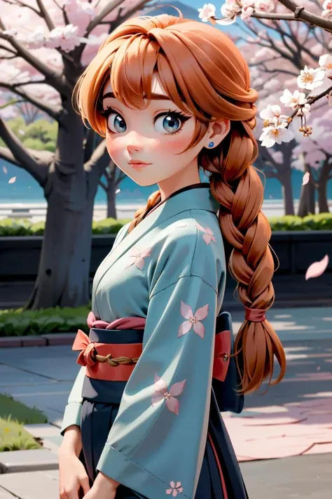 ((ultra detailed, masterpiece, absurdres))
<lora:DisneyAnna:0.9>
DisneyAnna, 1girl, orange hair, twin braids, in a traditional kimono, surrounded by cherry blossoms
