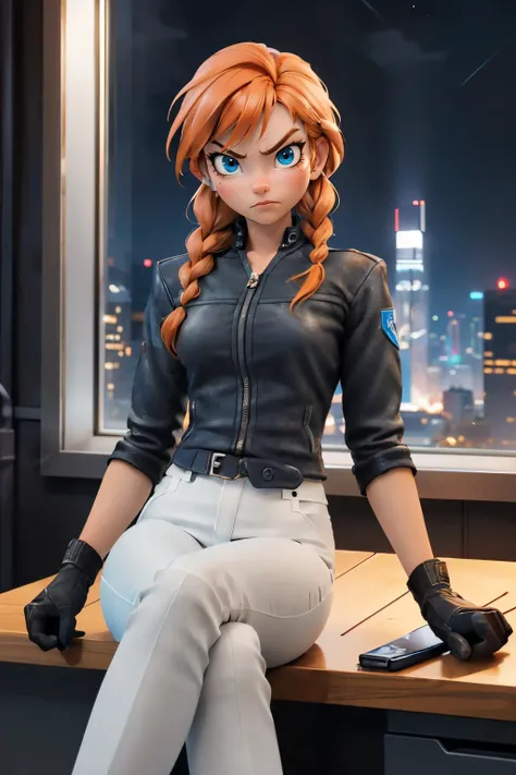 DisneyAnna,orange hair, twin braids, blue eyes, leather jacket, zipper, armband, white pants, belt, black gloves, looking at viewer,serious, angry, sitting, on desk, legs crossed, inside office, window, cityscape, night, neon lighting, high quality, masterpiece, <lora:DisneyAnna:.7> <lora:PD_Female_Guard_Uniform_V1.0:.7>