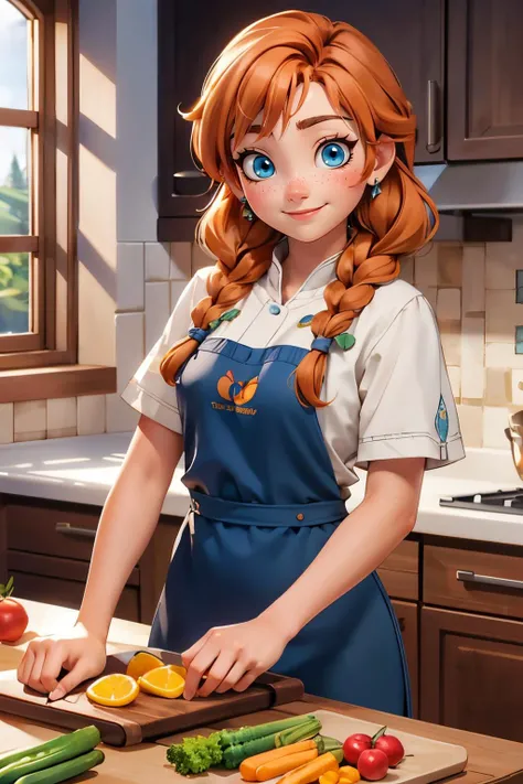DisneyAnna,orange hair, twin braids, blue eyes, white shirt, rolled sleeves, apron, leggings, looking at viewer, smiling, blush, standing, inside kitchen, cooking, cutting board, vegetables, playful ambiance, high quality, masterpiece, <lora:DisneyAnna:.7>