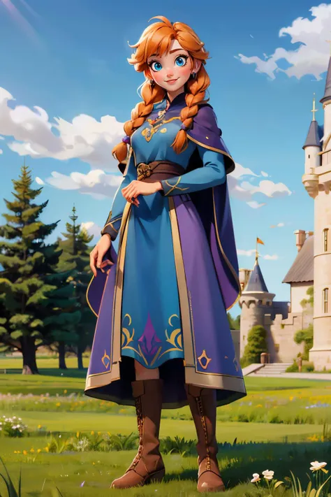 DisneyAnna,orange hair, twin braids, blue eyes,purple cloak,blue dress, boots, looking at viewer, smiling, standing, full body shot, outside, grass, winter, trees, castle, blue sky, high quality, masterpiece, <lora:DisneyAnna:.7>