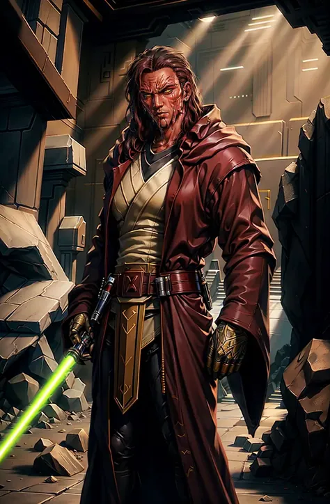 <lora:Race - SithPureBloods:0.66> 1boy, red skin:1.3, sithpureblood, sith pureblood, brow, angular jawline, yellow eyes, robes, serious expression, sith, jedioutfit, cowboy shot, detailed face and eyes, blue lightsaber,
detailed background, ruins, rocks, temple, <lora:Clothes - JediOutfit0:0.55>