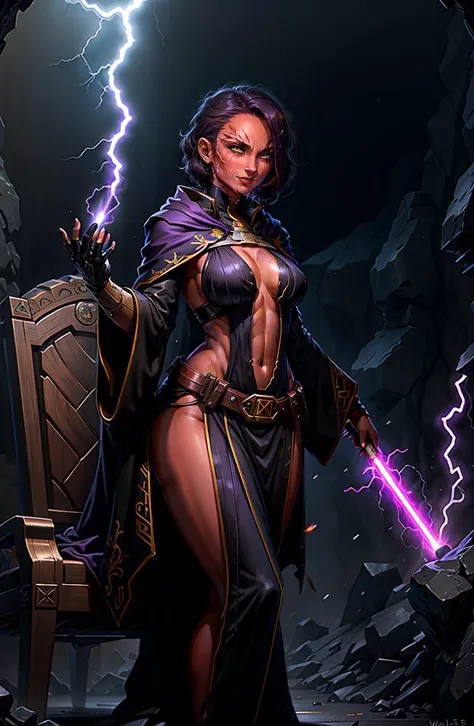 <lora:Race - SithPureBloods:0.7> 1girl, red skin:1.3, sithpureblood, sith pureblood, brow, angular jawline, yellow eyes, smile, sith, cowboy shot, detailed face and eyes, black robes, sith, hands extended:1.3, lightning magic, force lightning, angry, lightning from fingertips:1.2, Intricate line of purple lightning, sith robes,