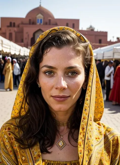portrait of sks woman in Marrakech, at the bustling Djemaa el-Fna square, by Flora Borsi, style by Flora Borsi, bold, bright colours, ((Flora Borsi)), by Gerda Taro, <lora:lora-small-anna-friel-v1:1>