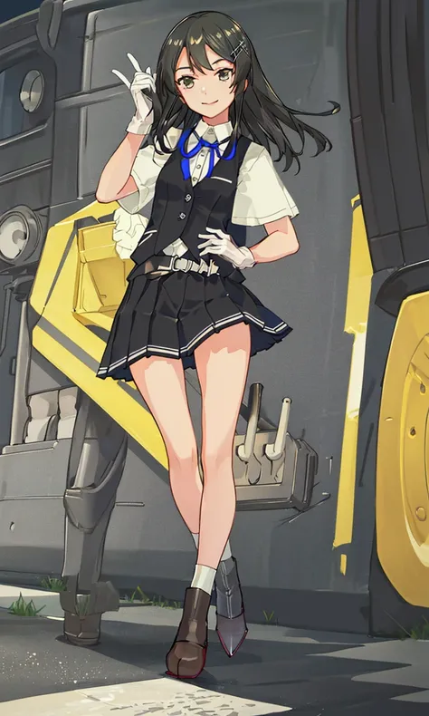 1girl, solo, skirt, black hair, oyashio \(kancolle\), shirt, gloves, pleated skirt, white shirt, vest, white gloves, blue ribbon, black skirt, full body, socks, black vest, black socks, ribbon, kneehighs, hair ornament, long hair, short sleeves, hairclip, neck ribbon, school uniform, smile, rudder footwear, dress shirt, collared shirt, belt, buttons, ankle boots, grey footwear, intricate detail, illustration, masterpiece, extremely detailed CG unity 8k wallpaper, highlight, sharpening, dynamic,