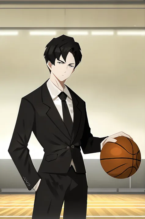 score_9,
<lora:library_of_ruina_v1_pruned:1>, 
solo, 1boy, tuxedo, short hair, black hair, black necktie, looking at viewer, expressionless, black eyes, 
basketball, throwing basketball,
high resolution, Masterpiece, detailed