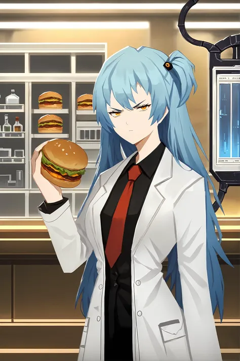 score_9,
<lora:library_of_ruina_v1_pruned:1>, 
solo, 1girl, cowboy shot, 
lab coat, black shirt, long hair, blue hair, annoyed, looking at viewer, one side up, long sidelocks, red necktie, amber eyes, 
indoors, laboratory, 
holding burger,
high resolution, Masterpiece, detailed