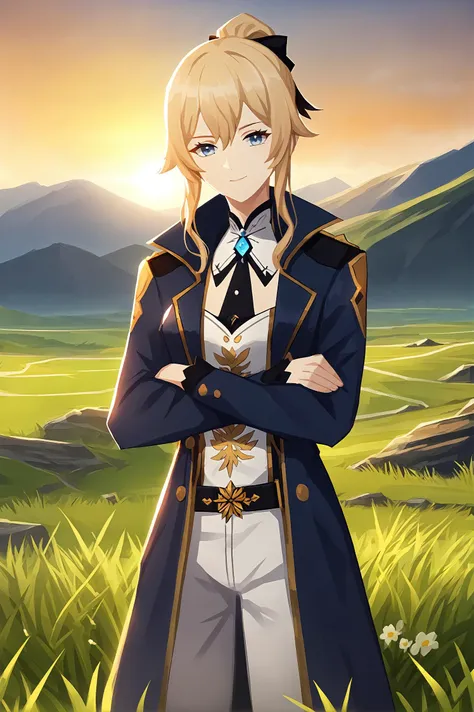 score_9,
<lora:library_of_ruina_v1_pruned:0.8>, 
jean \(genshin impact\), 
1girl, solo, 
cowboy shot, 
crossed arms, 
looking at viewer, 
coat on shoulders, 
outdoors, landscape, grass, sunrise, 
light smile, looking at viewer,
high resolution, Masterpiece, detailed