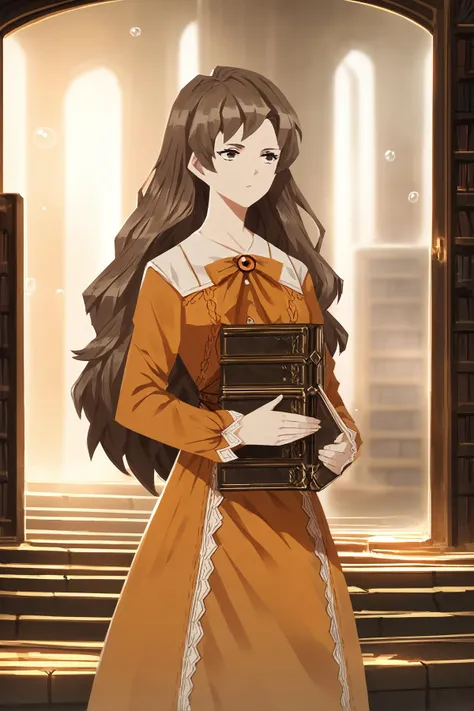 score_9,
score_9, 
<lora:library_of_ruina_v1_unpruned:1>, 
1girl, solo, 
holding books, 
indoors, bookshelf, 
brown hair, long hair, brown eyes, 
bubble dress, orange dress, 
cowboy shot, 
high resolution, Masterpiece, detailed,
high resolution, Masterpiece, detailed