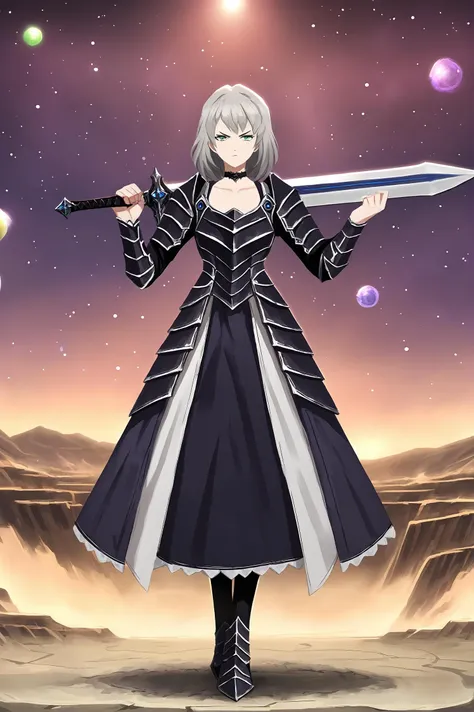 score_9,
<lora:library_of_ruina_v1_pruned:1>, 
1girl, solo, medium hair, grey hair, green eyes, 
maid, armor, battle dress, bubble dress, black choker, 
full body, 
sword, planted sword, 
looking at viewer, 
starry sky, night, galaxy background, 
determined,
high resolution, Masterpiece, detailed