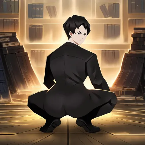 score_9,
<lora:library_of_ruina_v1_pruned:1>,
<lora:broly_culo_v1_pruned:1>, broly culo, squatting, looking back, looking at viewer, spread legs,
solo, 1boy, black suit, black hair, short hair, black eyes,
bookshelf,
high resolution, Masterpiece, detailed