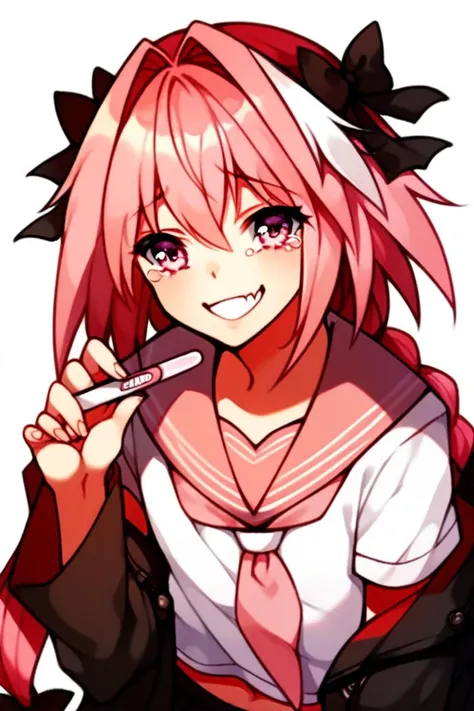 <lora:astolfo_pony:1> astolfo_\(fate\) seifuku, 1boy, standing, <lora:Pregnancy_Test:0.8> holding pregnancy test, smile, happy, crying, cowboy shot,, score_9, score_8_up, score_7_up, score_6_up, score_5_up,, masterpiece, best quality, sharp_details, game_cg,