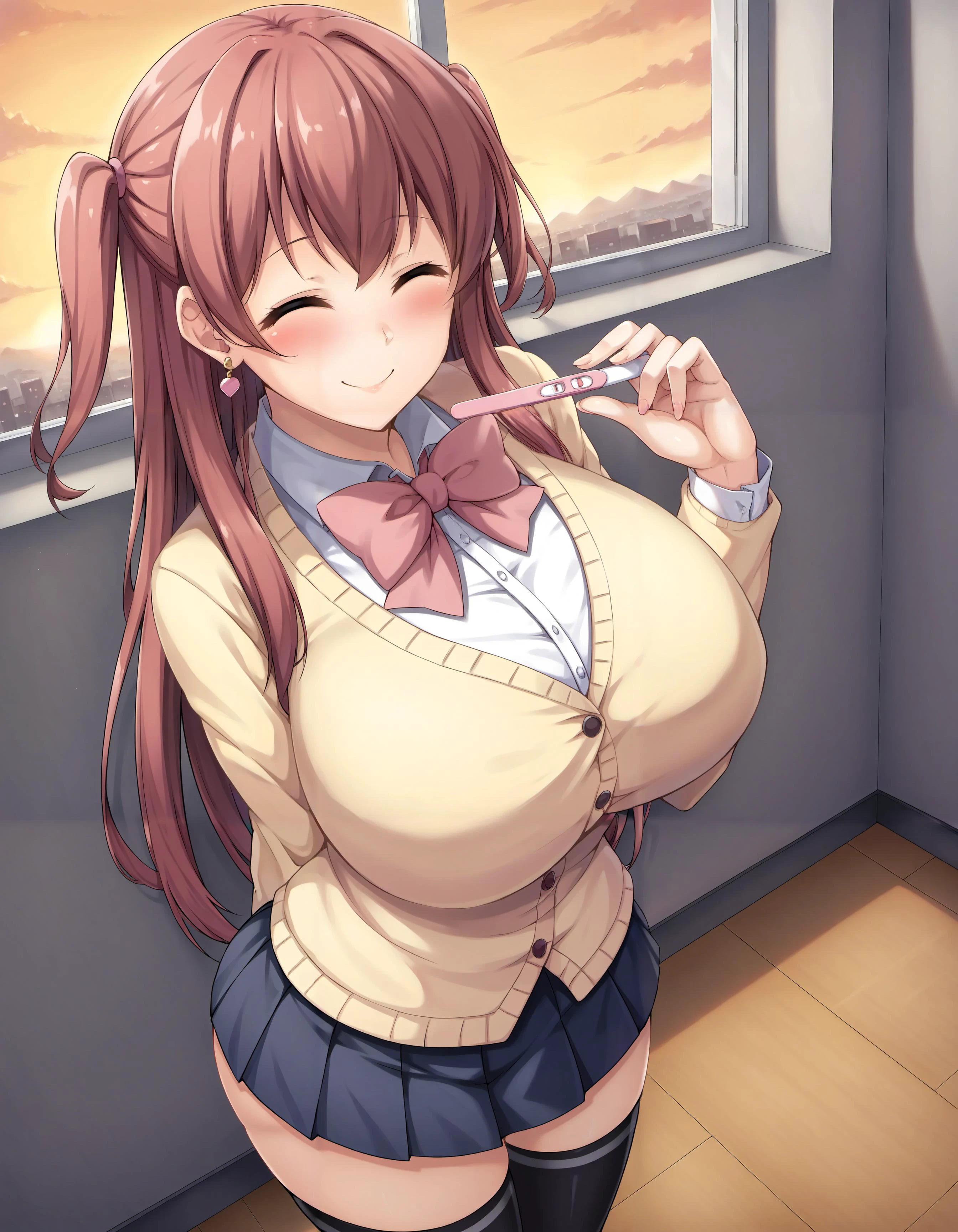 score_9, score_8_up, score_7_up, score_6_up, score_5_up, score_4_up, source_anime, masterpiece, best quality, 1girl, solo, fujirin, dynamic angle, indoors, dusk, sunset, dark, uncensored, narrow waist, holding pregnancy test, school uniform, yellow cardigan, bow tie, micro skirt, black thighhighs, huge breasts, huge ass, red hair, very long hair, two side up, bangs, closed eyes, looking at viewer, smile, earrings, blush, perfect hands, <lora:Perfect Hands:1>, <lora:StS_detail_slider_v1:4>, <lora:add-detail-xl:0.5>, <lora:Fujirin_Tarehamu_style_for_Pony_XL:0.8>, <lora:Pregnancy_Test:0.6>