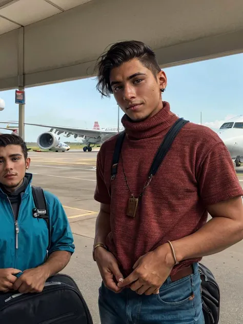 hyper realistic candid photo of a 24yo male, Native Hawaiian, redneck, airport, analog style, masterpiece, satisfied, short hair, turtleneck, sideways