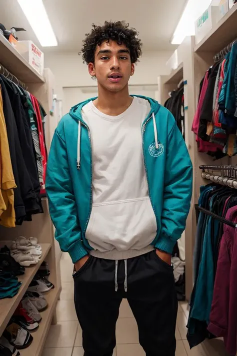 hyper realistic candid photo of a 24yo male, Polynesian, average, changing room, analog style, masterpiece, silly, short hair, zip-up hoodie, sideways