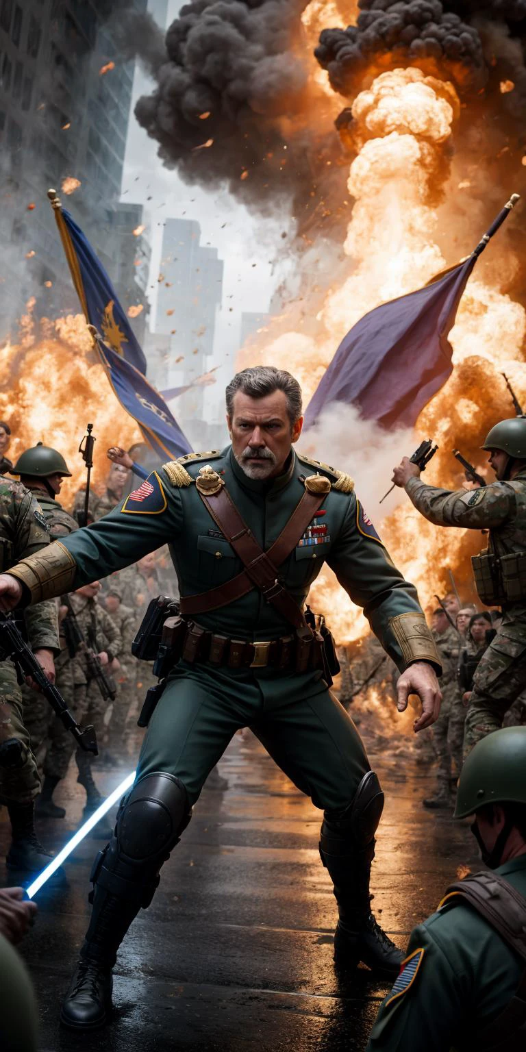 (best quality, highres), utopic futuristic elegant intense complex flawless smooth photorealisti analog film hollywood best studios godly masterpiece, realistic, hyper action dynamic fast shot of a 30 year old mustache commander 1man, French male intricate face, facial hair, buzzed hair, best male anatomy, symmetric limbs, masculine commander uniform on, fighting at the crowded battlefield, holding sword, well-formed sword, best fighting with sword male pose, rea life commander, french male commander action movie style, must be action, must be fast, must be quick, must be entertaining, original, best french male commander in action aesthetic composition with accurte perspective, super quality, ultra sharp, (RAW, photo, 50000dpi, uncompressed image, single layer image), perfect depth of field, extreme battlefield background, cinematic illumination as in real life action movie, special FXs with iray, sony studios, by George Lucas, Ridley Scott, Arthur Adams, paramount pictures studios, dramatic, intense, complex, exceptional amplitude, footage 120fps, focal-length at scene elements at 4k 8k 16k 32k 64k, main subject which is commander fights at 32k, blurred sidekick actors at 4k, oppressive laser beam cracking soils at 8k, explosions and millions of fighters army fighting at 64k, solar ecplice at 128k, everything coherent in the scene forming an exceptional epic majestic battle complex professional engineered composition, outstanding, legit stunning scene, utopic godly-like genius intertwined paparel multiple-objectives-and-purposes for each group of side-kick actors while still granting main focus on french commander, award-winning, academy awards winner, best seller, unforgettable, the very best french commander action movie ever made in the history of humankind in this world, estabilished new standards, break all molds, insanely innovative, ultra professional actors involved in scene, the most expensive action movie ever made, best of the best, movie director reached perfection with masterskill creating this exhuberant exceptional uncanny movie heroic honest sould of masterpiece, sublime, innoation award winner, french commander action movie award-winner, everyones is talking about it, french commander movie mania among humankind, , but me futuristic for audience loves it, fine elegant details, discreet use of phonemenal CG realistic professional cinematic jaw-dropping effects, the very best french commander action movie in history, applauses