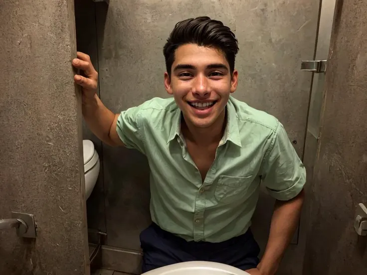 hyper realistic candid photo of a 24yo male, Latino, slender, toilet stall, analog style, masterpiece, delighted, short hair, chinos, sideways