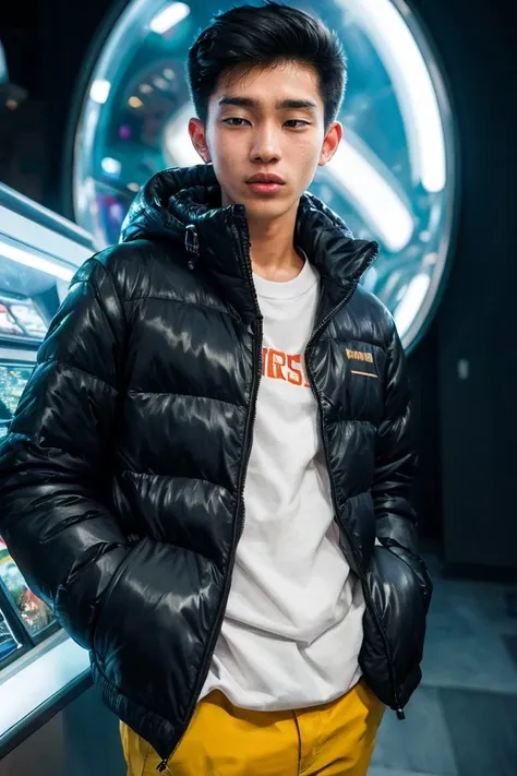 hyper realistic candid photo of a 24yo male, Southeast Asian, slender, planetarium, analog style, masterpiece, nauseated, short hair, puffer jacket, selfie