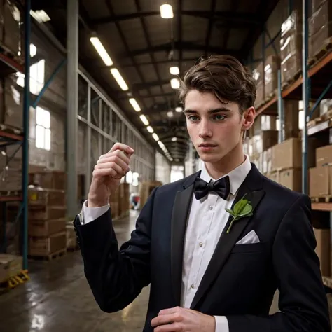 hyper realistic candid photo of a 24yo male, Irish, slender, warehouse, analog style, masterpiece, teasing, short hair, funeral suit, sideways